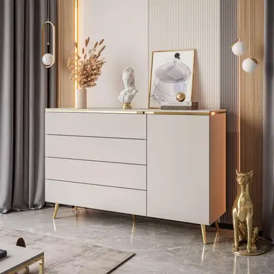 Preisvergleich für KOMMODE AURORA 4S1D Kaschmir mit schräge Goldchrom Fuße, BxHxT 140x90x40 cm, in der Farbe Beige, aus Holzwerkstoff
