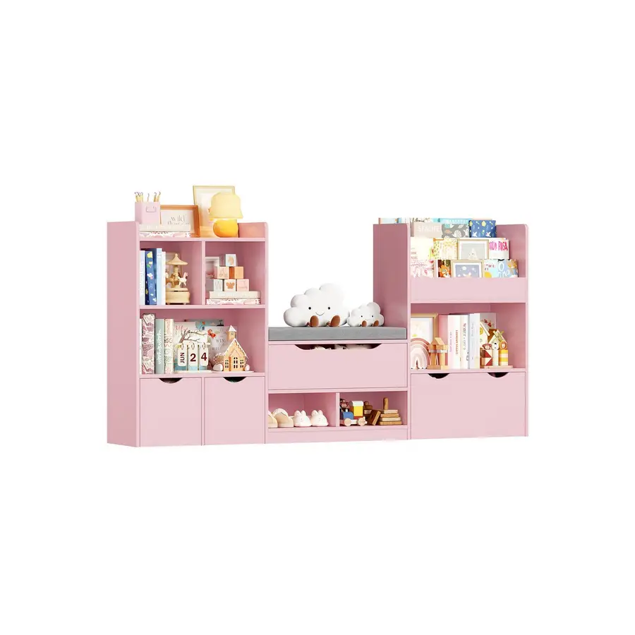 Preisvergleich für Homfa Sitzbank Kinderregal mit 3 Schubladen auf Räder 183x94x29,8 cm, Spielzeugregal mit 7 offenen Fächern Spielzeugtruhe, in der Farbe Rosa