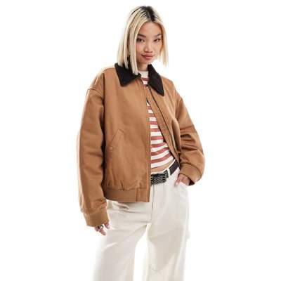 Preisvergleich für Monki Barn-Jacke in Hellbraun mit Reißverschluss und  farblich abgesetztem Cord-Kragen, aus Baumwolle, Größe L Ladendirekt