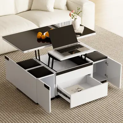 Preisvergleich für Couchtisch rechteckig aus Holz und Glas in Schwarz und Weiß, höhenverstellbar mit Schubladen und 4 Hockern, moderner