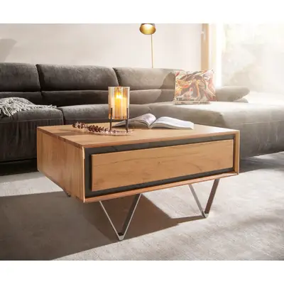 Preisvergleich für Couchtisch Stonegrace 80x60 cm Akazie Natur 2 Schubladen Steinfurnier, BxHxT 80x40x60 cm, in der Farbe Beige, aus Akazienholz