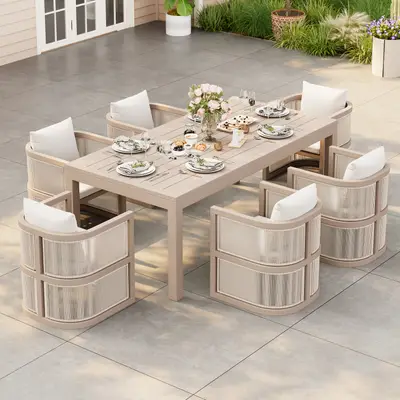 Preisvergleich für Wevara 7-teiliges Outdoor-Essgruppen-Set aus Seilgeflecht mit 6 Stühlen in Sand, aus Aluminium