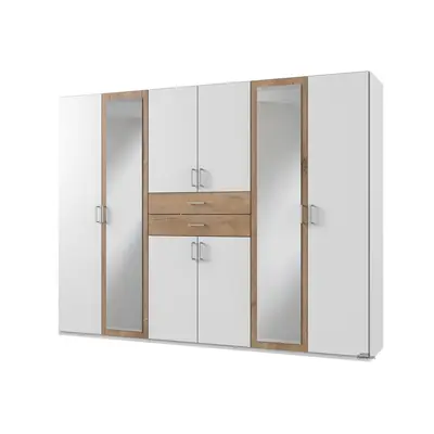 Preisvergleich für Kleiderschrank mit Spiegel - weiß - Plankeneiche - 270 cm - DIVER, BxHxT 270x208x58 cm, aus Holzwerkstoff
