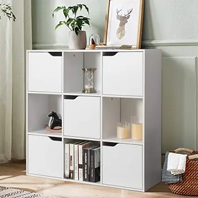 COSTWAY Bücherregal Mit Türen & 4 Offenen Fächern | 180 Cm Hoher Standschrank | Weiß
