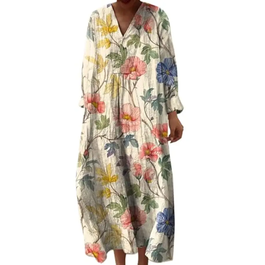 Damen Blumen Maxikleid Langarm Mit V-Ausschnitt - Französisches Casual Kleid Für Herbst
