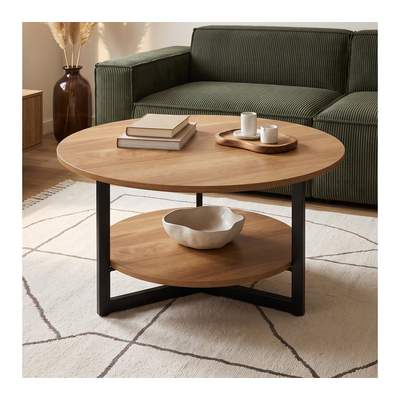 Preisvergleich für skølm Couchtisch Drakkar aus Massivholz Eiche, Tisch mit Metallgestell (Natur), Wohnzimmertisch Ø70 cm mit 2 Ablageflächen, in der Farbe Schwarz, aus Eichenholz