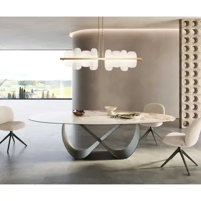 Preisvergleich für Esstisch Edge Oval 280x130 Keramik Minas Melange Weiß-Beige Infinity Metall Effektfinish Titan, BxHxT 280x75x130 cm, aus