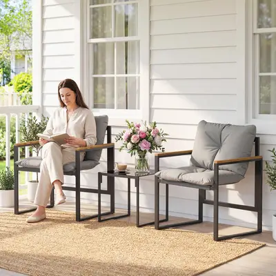Preisvergleich für Outsunny Gartenmöbel-Set 3-teilig für 2 Personen mit 2 Sesseln und 1 Beistelltisch, Garten-Set mit gehärteter Glasplatte, in der Farbe Grau