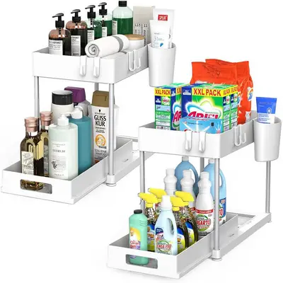 SURFOU Ablageregal Arbeitsplatte Badezimmer Schubladen Küchen Organizer Regal, Multifunktionales Spülschrankregal mit Schublade, 8 Haken und 2 Tassen