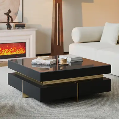 Preisvergleich für Couchtisch rechteckig aus Holz und Glas in Hochglanz Schwarz mit Schubladen, 110×110 cm Wohnzimmertisch, aus Holzwerkstoff