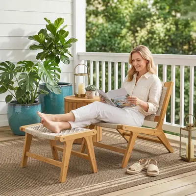 Preisvergleich für Outsunny Gartensessel mit Hocker 2-teilig FSC Akazienholz Outdoor Loungesessel mit Rattan-Sitz Boho-Stil verstellbare Füße,, in der Farbe Beige