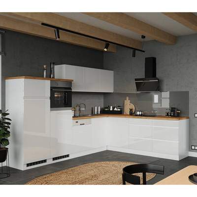 Preisvergleich für Winkelküche 300/240 cm, inkl. E-Geräte, in Hochglanz weiß, Arbeitsplatte Eiche MARSEILLE-03, BxHxT 59.5x112x2 cm, aus Qualitätsspanplatte