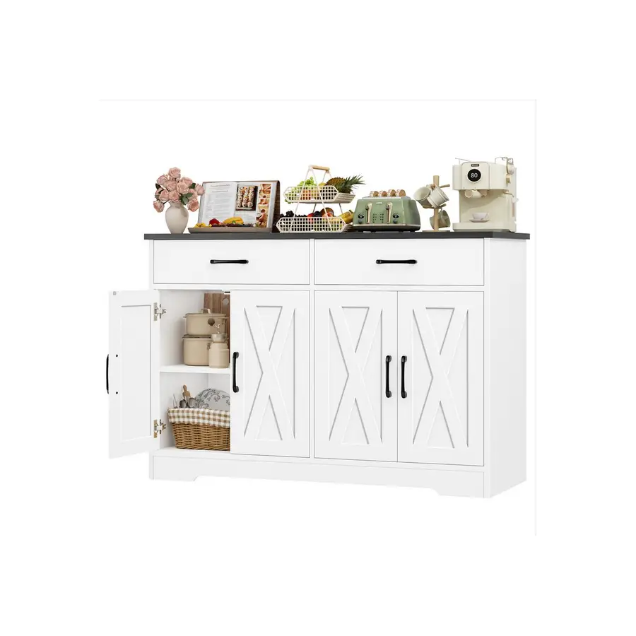 Preisvergleich für HOMECHO Buffet 120cm Breit Küchenschrank mit Arbeitsplatten, 2 Schubladen, 4 Türen, in der Farbe Schwarz, aus Holz