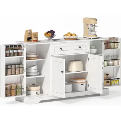Preisvergleich für SeedWave Anrichte Modern Küchenbuffet Mehrzweckschrank Beistellschrank mit Viel Stauraum, Türregale mit Schutzgeländern,, in der Farbe Weiss, aus Mdf
