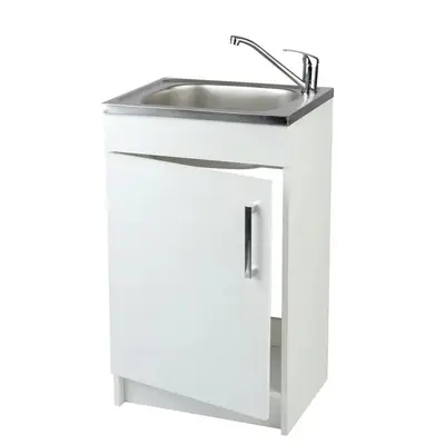 Preisvergleich für STAMAR Spülenschrank Küchenunterschrank 50 cm Weiß mit Spüle Armatur Chrom Komplettset Unterschrank stehend Edelstahl Spülbecken,