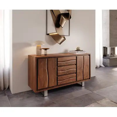 Preisvergleich für Sideboard Live-Edge 147 cm Akazie Braun 3 Schübe 2 Türen, BxHxT 147x82x45 cm
