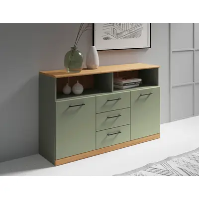 Preisvergleich für OTTO home Sideboard Ribe,130cm breit,80cm hoch,Türen und Schubladen,6 Fächer Oberplatte Eiche massiv,schwarze Metall Griffe, BxHxT 130x35x80 cm, in der Farbe Grün, aus Holzwerkstoff