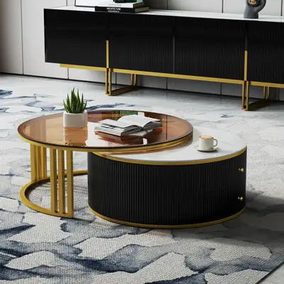 Preisvergleich für Couchtisch rund aus Metall und Glas in Schwarz und Gold, drehbar mit Nesting-Design und Schubladen, 80 cm moderner Wohnzimmertisch