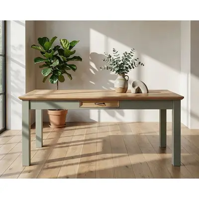 Preisvergleich für OTTO home Esstisch Selma, mit Schublade, aus massivem Kiefernholz, Breite 140 oder 180 cm, BxHxT 140x80x76 cm, in der Farbe Grün, aus Massivholz