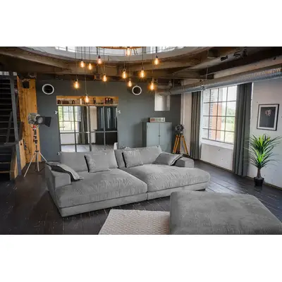 Preisvergleich für KAWOLA Big Sofa MADELINE Cord grau mit Hocker und 4 Zierkissen, BxHxT 290x85x170 cm, aus Kunststoff
