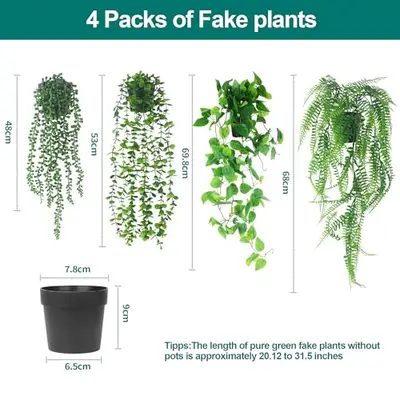 Preisvergleich für ACOMTUO 4 Stück Hängepflanze Künstlich, Kunstpflanzen wie Echt, Künstliche Hängepflanzen im Topf Fake Plant Deko Pflanzen, BxHxT 9x65x4 cm, in der Farbe Grün, aus Kunststoff