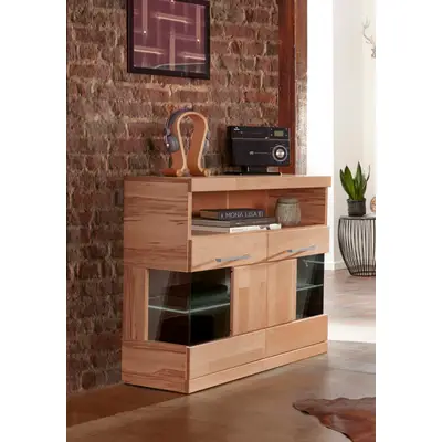 Preisvergleich für OTTO home Kommode Ribe 85cm breit,35 cm tief, Fronten Massivholz,2 Türen mit Glaseinsatz Holz massiv, Holzwerkstoff,3 breite, BxHxT 85x35x80 cm, in der Farbe Braun, aus Teilmassiv