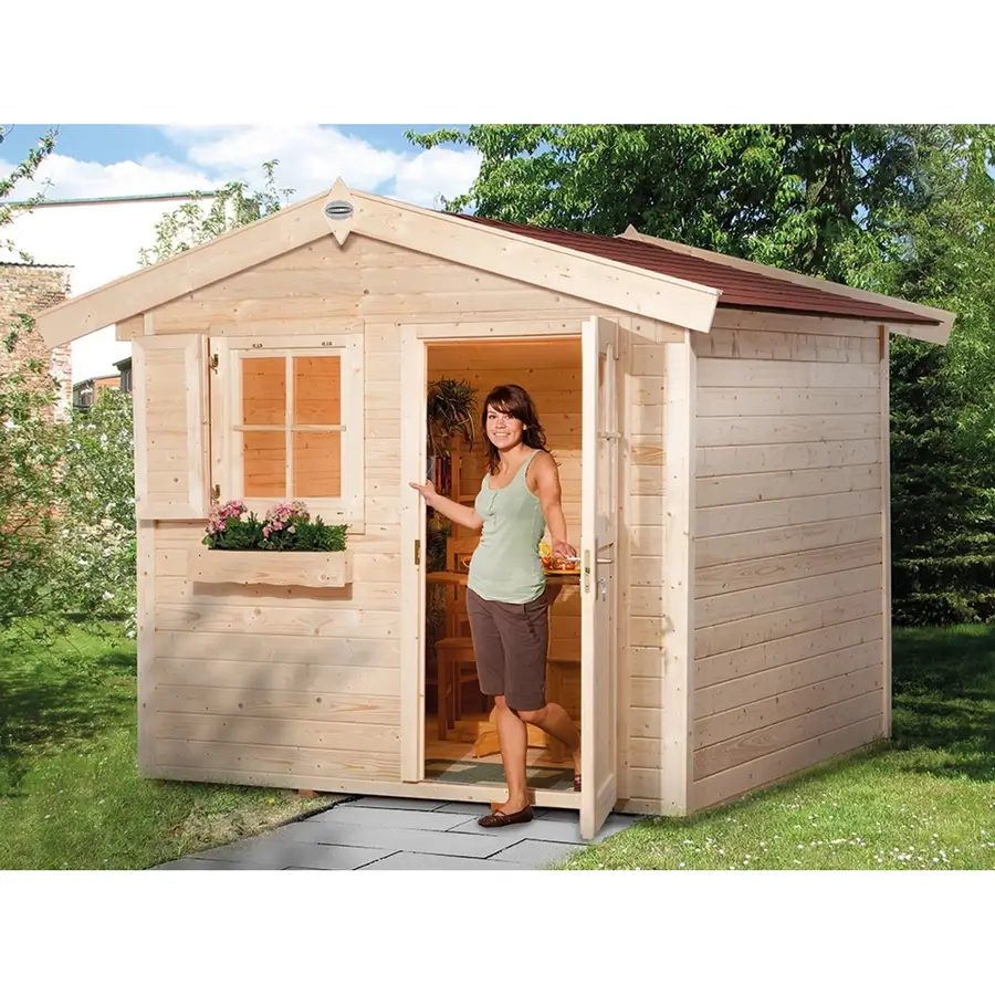Preisvergleich für OBI Outdoor Living Holz-Gartenhaus Bozen B Unbehandelt 284 cm x 270 cm, BxHxT 284x237x270 cm