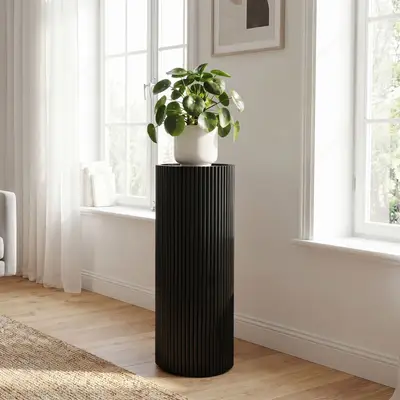 Preisvergleich für FineBuy Dekosäule Akazie Massivholz 80cm Holzsäule Rund Schwarz - Design Blumensäule Hoch - Holz Pflanzensäule - Wohnzimmer