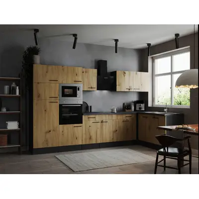 Preisvergleich für Eckküche Oliver m. Geräten ca. 340x172cm Grau/Eiche, BxHxT 340x205x172 cm, aus Holzwerkstoff