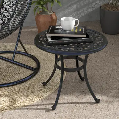Preisvergleich für Outsunny Beistelltisch Gartentisch 60x60 cm bis 50 kg belastbar mit Aluminiumrahmen und schwarz, ideal für Terrasse und, BxHxT