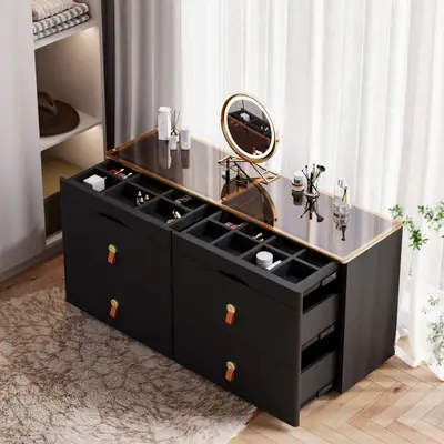 Preisvergleich für Chanor Kommode mit Glasplatte, 6 Schubladen und Schmuckdisplay in Schwarz, 120 cm, aus Glas