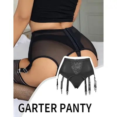 ohmydear Strapsgürtel Damen Sexy Minirock Strumpfhalter Große Größen Strumpfgürtel mit 4 Halter Strapsen Dessous Breit Strapshalter Strumpfband Garter Belt Schwarz
