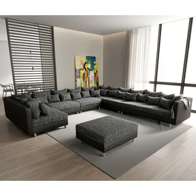 Preisvergleich für Wohnlandschaft Clovis XXL Schwarz Modular Hocker Ottomane Rechts, BxHxT 400x67x370 cm, aus Strukturstoff
