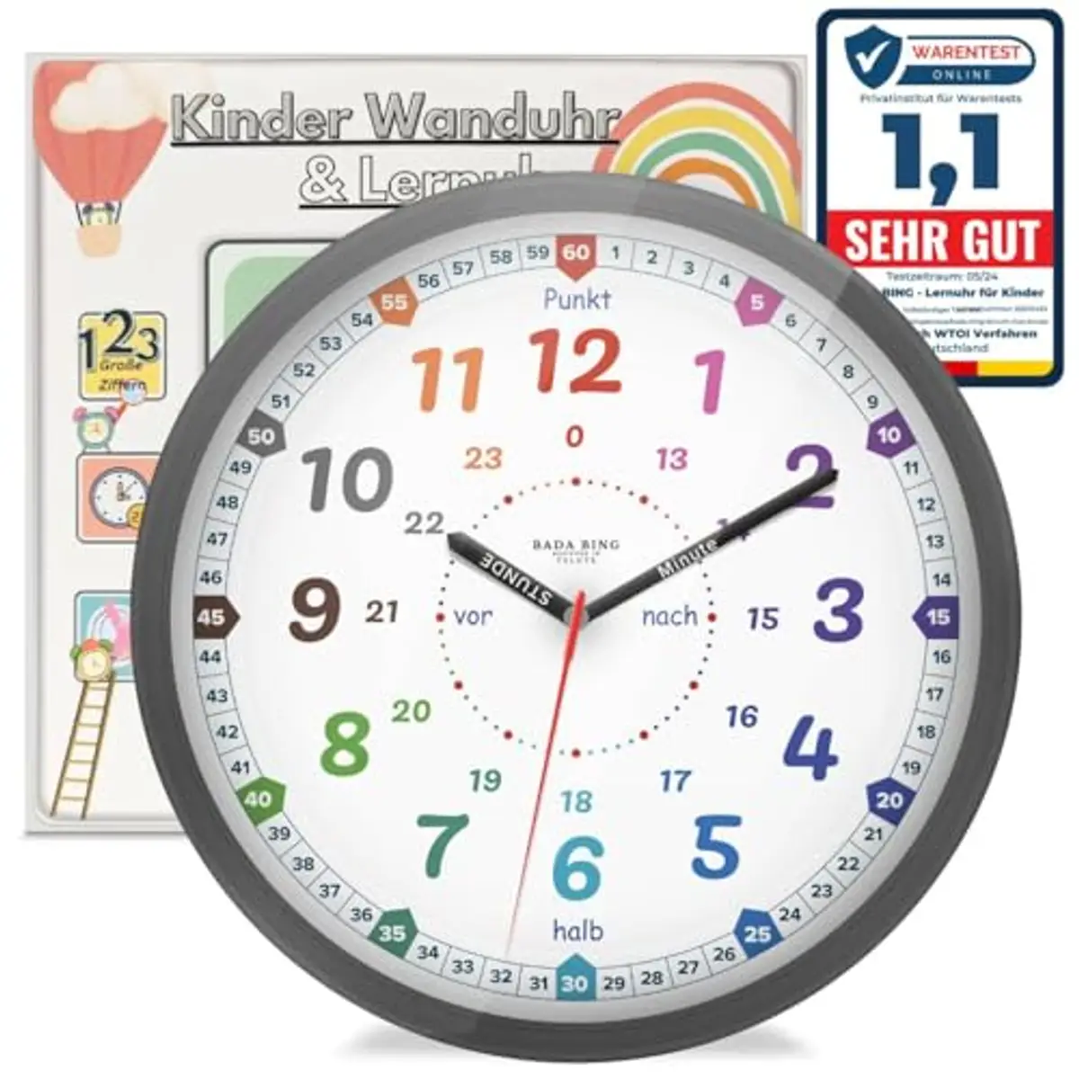 Bada Bing Montessori Wandklok voor kinderen, leren zonder tikken, analoog om de tijd te lezen, decoratie kinderkamer