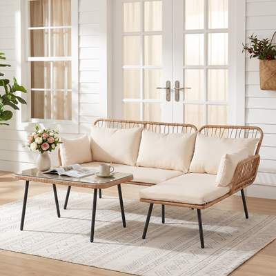 Preisvergleich für Costway 3-Teiliges Gartenmöbel Set Outdoor L-förmiges Sofa mit Couchtisch Rattan Sitzgruppe mit Metallrahmen, in der Farbe Beige, aus Glas