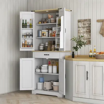 Preisvergleich für HOMCOM Küchenschrank Buffet Küche Vorratsschrank Aufbewahrung, mit 4 Türen, 6 Türregale, 1 Schublade und verstellbaren Regalen,, BxHxT 76.5x181x40 cm, in der Farbe Weiss, aus Spanplatte