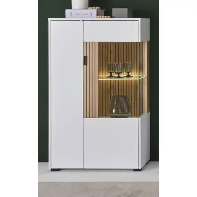 Preisvergleich für Vitrine Merced in weiß matt und Eiche 75 x 125 cm, BxHxT 75x125x38 cm, aus Holz