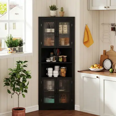 Preisvergleich für Costway Küchenschrank schmal Eckschrank mit 4 Glastüren und 6 Ablagen 171 cm hoch dreieckiger Buffetschrank Schwarz, aus Glas