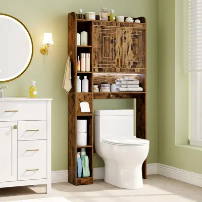 Preisvergleich für Costway Toilettenschrank mit 2-Türschrank & 6 Offenen Fächern & Taschentuchbox Überbauschrank Braun