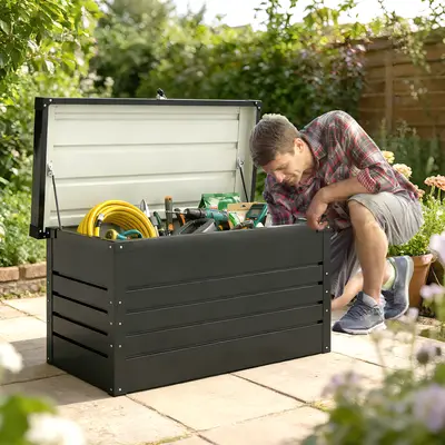 Outsunny Gartenbox Metall 450L Kissenbox mit doppelwandig Deckel Handschuhe 120x61x62 cm Wasserabweisend Abschließbar Auflagenbox Aufbewahrungsbox