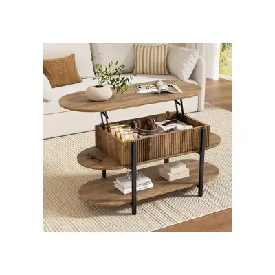 Preisvergleich für FABATO Couchtisch oval, höhenverstellbar mit verstecktem Stauraum, 3-Etagen-Design (1-St), 105.9×45×50-63.5cm, natur, in der Farbe Braun