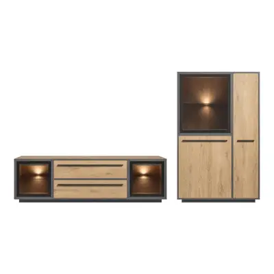 Preisvergleich für moebel-dich-auf Wohnwand NARDO, (Wildeiche / Absetzung: Anthrazit, 1-St., Verschiedene Board-Sets), Braunglas, Softclose,, aus Holzwerkstoff