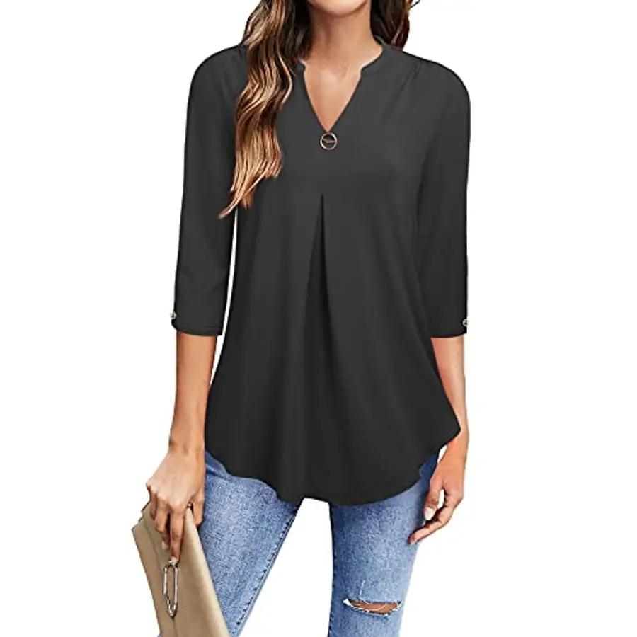 Bluse Damen Elegant Große Größen Tunika Mit Spitze Patchwork Sommer V Ausschnitt Oberteile 3/4 Ärmel Blusenshirt Sommer T-Shirt Einfarbig Elegante Blusen-Tops Business Hemd