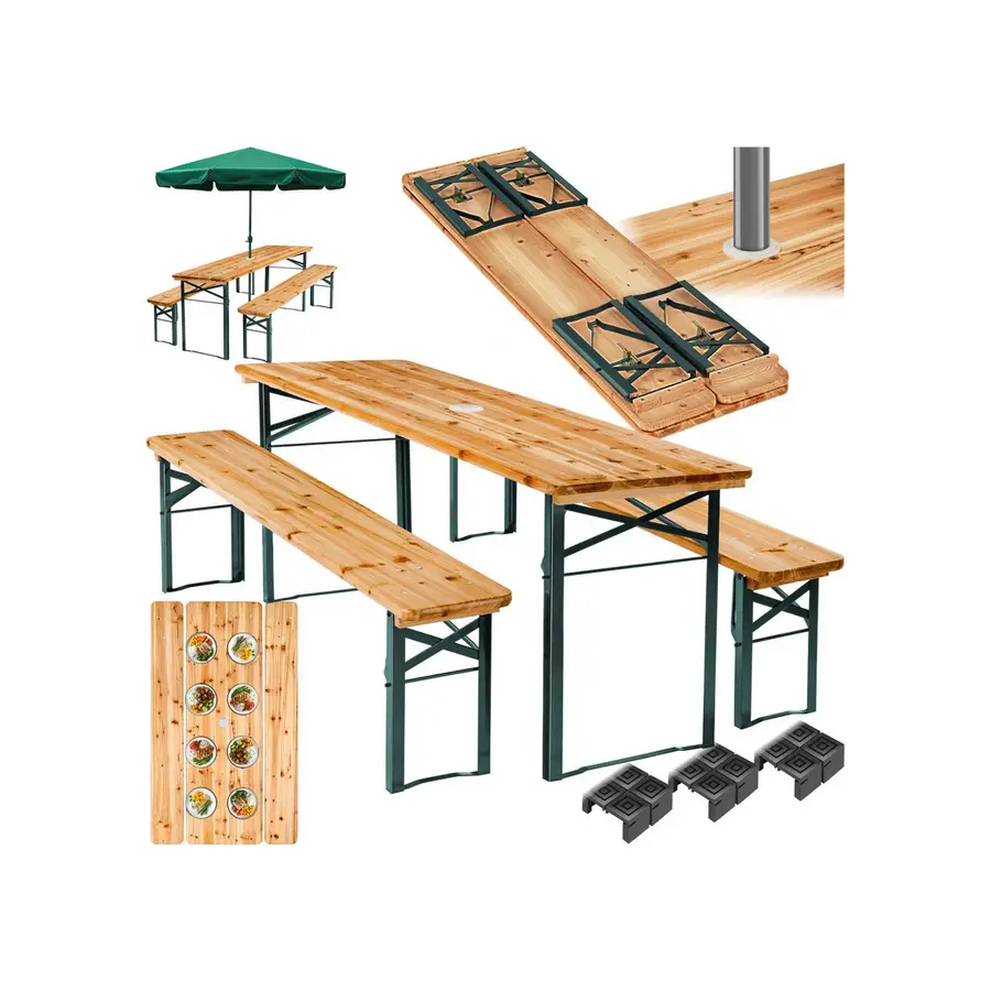 Preisvergleich für tectake Bierzeltgarnitur Festzeltgarnitur mit Sonnenschirmhalterung, Lackierung mit Klarlack, (Gartenmöbelset Ludwig, 3-tlg.,, in der Farbe Braun, aus Stahl