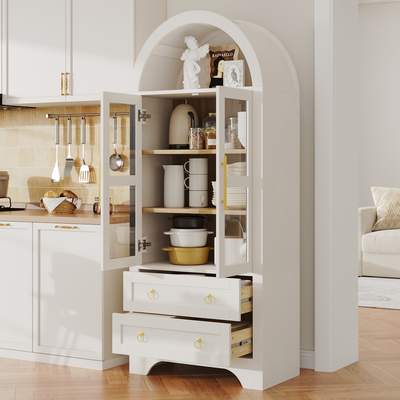 Preisvergleich für Highboard Mit Verstellbaren Regalböden Und Schubladen, Küchenschrank Mit Transparentem Glas Und Großem Stauraum, Ideal Für