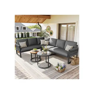 Merax Gartenlounge-Set L-förmiges Gartensofa-Set aus Eisen, (Gartenlounge Set mit verstellbaren Beinen & abnehmbaren Kissen, 5-tlg), 6-Sitzer