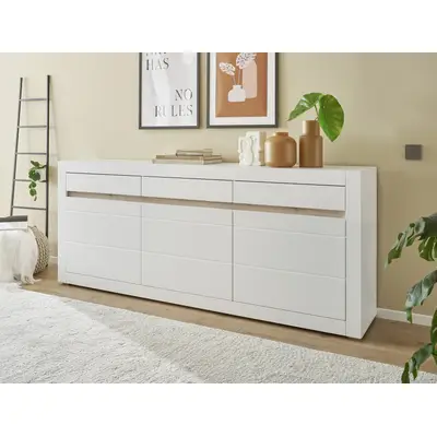 Preisvergleich für Home affaire Sideboard Chester, moderne Anrichte, Kommode mit Stauraum, Schrank, Weiß Matt 1 Stk. tlg. austauschbare Blende, BxHxT 217x90x42 cm, aus Holzwerkstoff