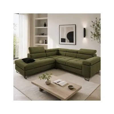 Preisvergleich für Goldstoff Ecksofa mit Schlaffunktion, Cord Couch für Wohnzimmer - Cord Ecksofa, Cord Sofa VOYAGE 2 Teile, Großer Bettkasten, in der Farbe Grün