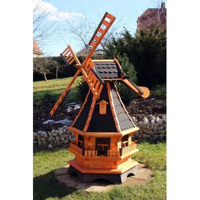 Preisvergleich für Holzdekoladen Deko-Windrad XL Gartenwindmühle aus Holz mit Solarbeleuchtung & Dachgauben, in der Farbe Schwarz