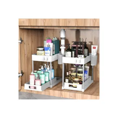 SURFOU Ablageregal Arbeitsplatte Badezimmer Schubladen Küchen Organizer Regal, Multifunktionales Spülschrankregal mit Schublade, 8 Haken und 2 Tassen